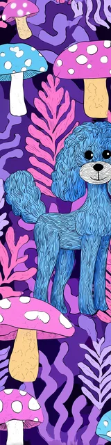 Free purple bookmark featuring a poodle with mushrooms and purple ferns